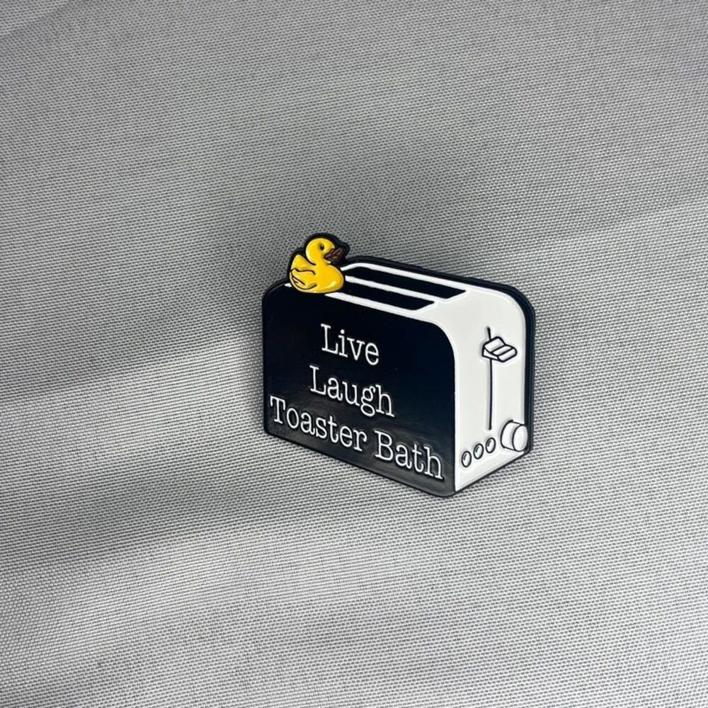 Black & White Toaster Enamel Pin - "Live Laugh Toaster Bath" w/ Yellow Duck